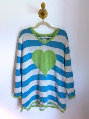 Quacker Factory Blue Stripe Heart Sweater 1X | Lime Green V-Neck Knit